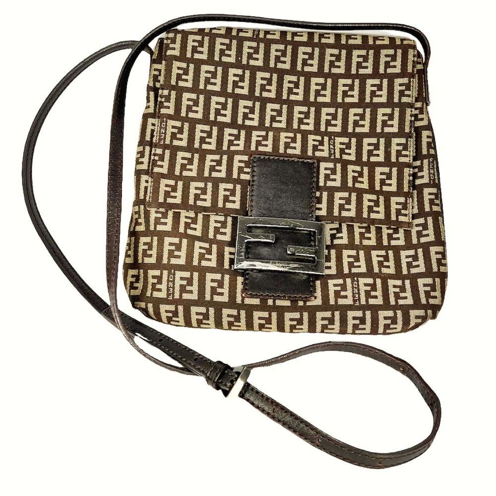 FENDI Vintage Brown Monogram Zucchino Flat Messenger Bag